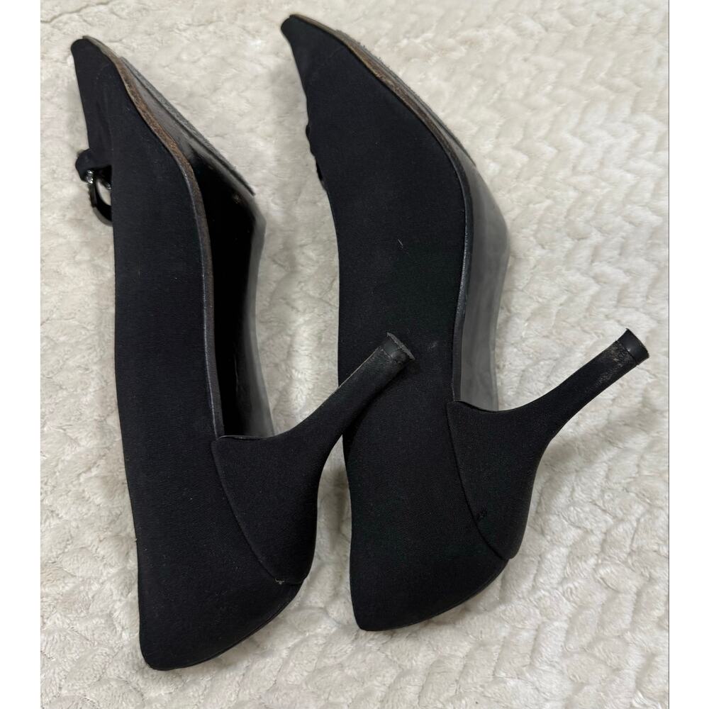 Stuart Weitzman Black Satin Crystal Buckle Pointed Toe Heels Pumps 8.5 M - Picture 5 of 7